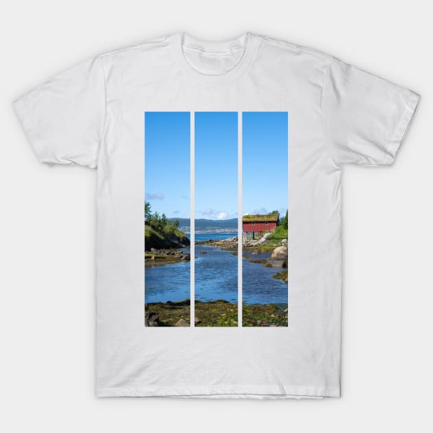 Wonderful landscapes in Norway. Nordland. Beautiful scenery of red houses on the coast of the Skjerstad Fjord (vertical) T-Shirt by fabbroni-art